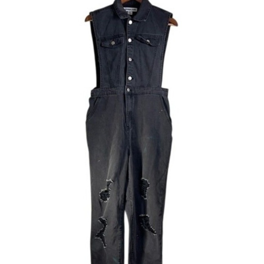 Cowboy Stars Gray Denim Overalls Jumpsuit Size‎ L Distressed Ripped goth